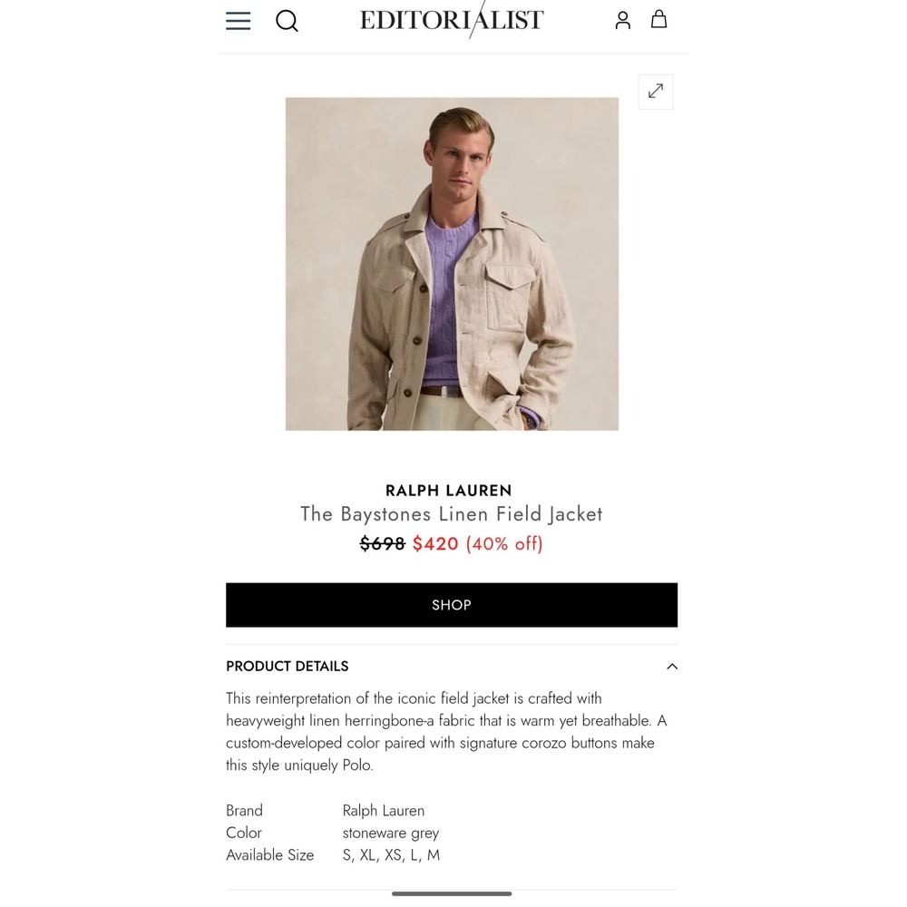 Polo Ralph Lauren Baystones Field Jacket Mens M Linen Herringbone Grey Safari